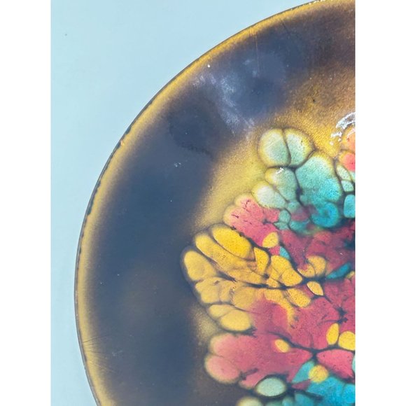 Enamel Over Copper Mid Century Signed Plate Blue Red Gold Round Dish Abstract - Picture 6 of 10